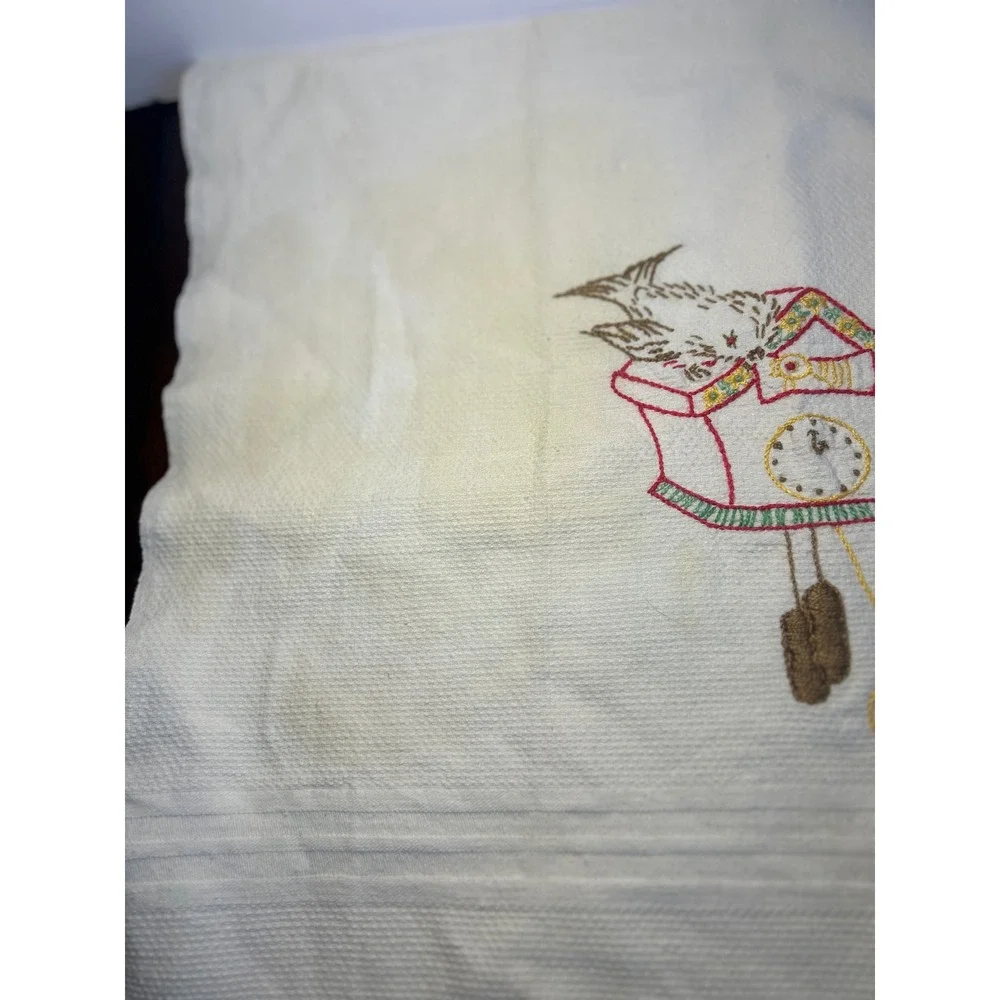 Vintage Hand Embroidered Tea Towel Birds Cuckoo Clock Cattails White Cotton
